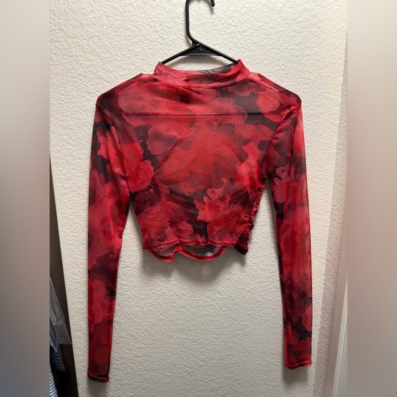 Red Ruched Long-Sleeve Mesh Crop Top - Picture 3 of 3